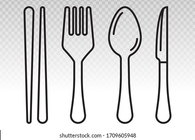 equipment dining silverware or tableware vector line art icon ( spoons, knife, chopsticks and fork) on a transparent background