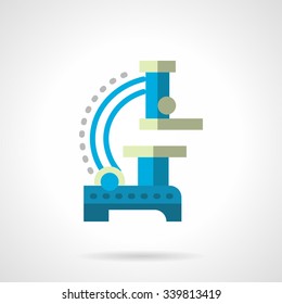 Equipment for discovery and research of micro objects. Blue microscope a side view. Flat color style vector icon. Buttons and design elements for website, mobile app, business. 