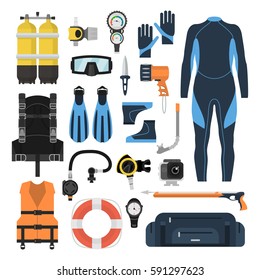 Equipment for diving in a flat style. Icons diving suit, an underwater mask, snorkel, fins and aqualung. Scuba gear and accessories. 