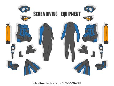 Equipment for diving in a flat style. I try diving, underwater mask, snorkel, fins, goggles, wetsuit. Scuba gadgets and accessories.