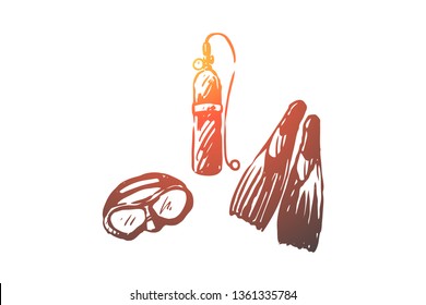 Equipment, diving, mask, underwater, scuba concept. Hand drawn oxygen balloon, flippers, mask. Equipment for diving concept sketch. Isolated vector illustration.