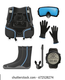 Equipment for diving. Scuba gear and accessories 02. Booties, snorkel and mask, fins, dive computer, buoyancy compensator isolated on white background