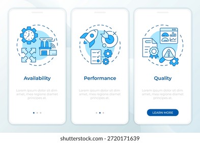 Control de efectividad del equipo pantalla de App móvil de incorporación azul. Instrucciones gráficas editables de 3 pasos con conceptos lineales. UI, UX, GUI