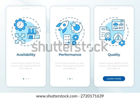 Equipment effectiveness control blue onboarding mobile app screen. Walkthrough 3 steps editable graphic instructions with linear concepts. UI, UX, GUI