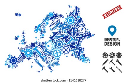 Equipment Europe map mosaic of cogs, spanners, hammers and other instruments. Abstract territorial scheme in blue color tinges. Vector Europe map is organized from equipment items.