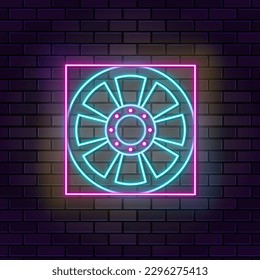 Equipment, fan, hvac neon icon brick wall and dark background.