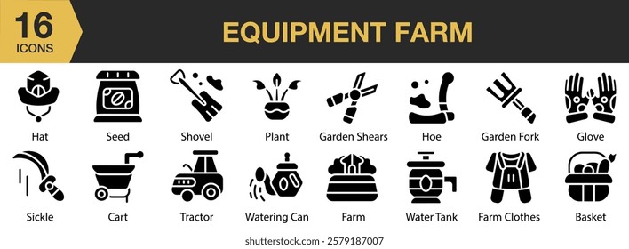 Equipment Farm solid icon set. Includes equipment, agriculture, farm, machinery, farmer, and More. Solid icons vector collection.