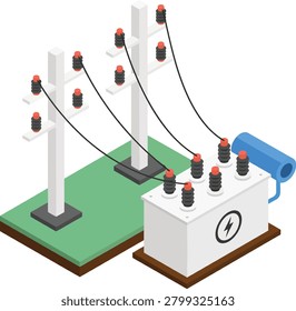 equipment featuring isometric electrical transformer and power line poles.