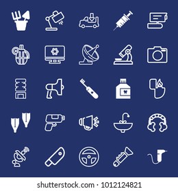 Equipment filled and outline vector icon set on navy background