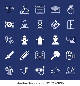 Equipment filled and outline vector icon set on navy background