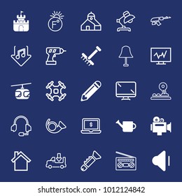 Equipment filled and outline vector icon set on navy background