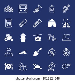 Equipment filled and outline vector icon set on navy background