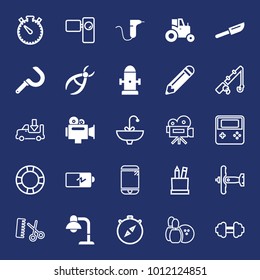 Equipment filled and outline vector icon set on navy background