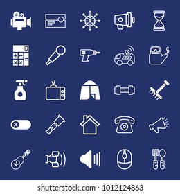 Equipment filled and outline vector icon set on navy background