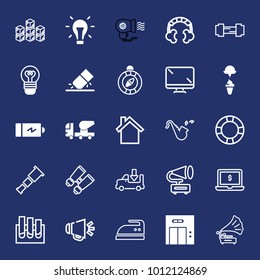 Equipment filled and outline vector icon set on navy background