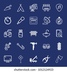 Equipment filled and outline vector icon set on navy background