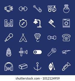 Equipment filled and outline vector icon set on navy background