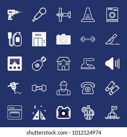 Equipment filled and outline vector icon set on navy background