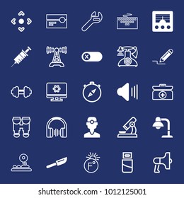 Equipment filled and outline vector icon set on navy background