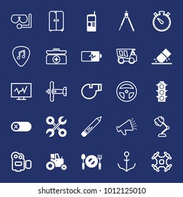Equipment filled and outline vector icon set on navy background