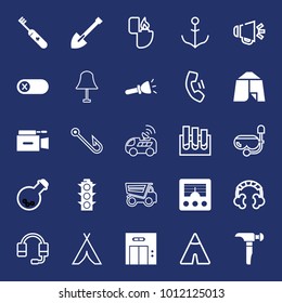 Equipment filled and outline vector icon set on navy background