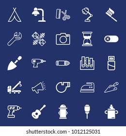 Equipment filled and outline vector icon set on navy background