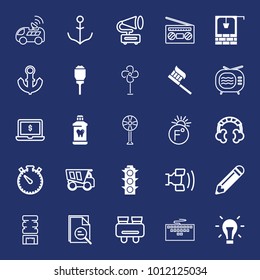 Equipment filled and outline vector icon set on navy background