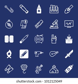 Equipment filled and outline vector icon set on navy background