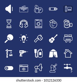 Equipment filled and outline vector icon set on navy background