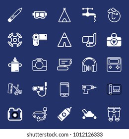Equipment filled and outline vector icon set on navy background