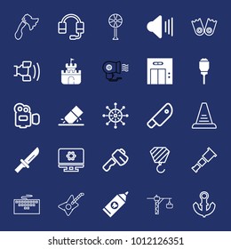 Equipment filled and outline vector icon set on navy background