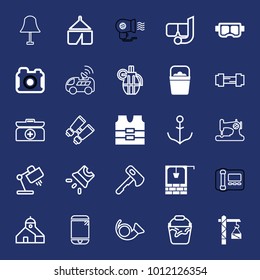 Equipment filled and outline vector icon set on navy background