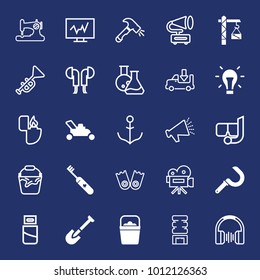 Equipment filled and outline vector icon set on navy background