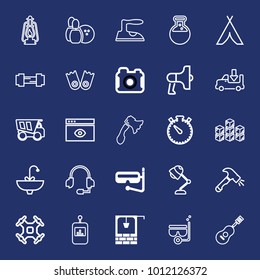 Equipment filled and outline vector icon set on navy background