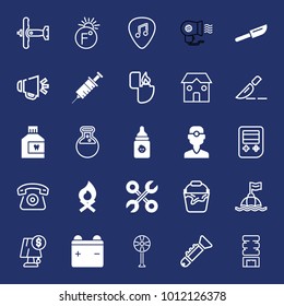 Equipment filled and outline vector icon set on navy background