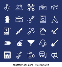 Equipment filled and outline vector icon set on navy background