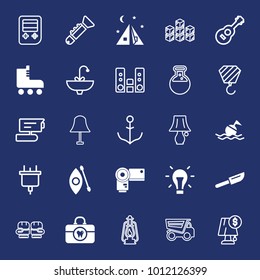 Equipment filled and outline vector icon set on navy background