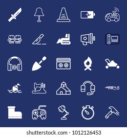 Equipment filled and outline vector icon set on navy background
