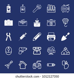 Equipment filled and outline vector icon set on navy background