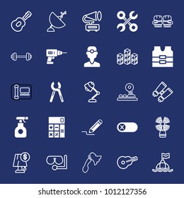Equipment filled and outline vector icon set on navy background