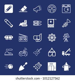 Equipment filled and outline vector icon set on navy background