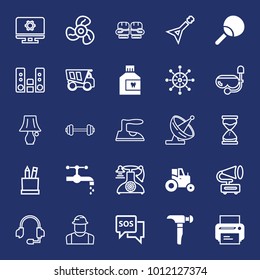 Equipment filled and outline vector icon set on navy background