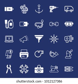 Equipment filled and outline vector icon set on navy background