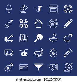 Equipment filled and outline vector icon set on navy background