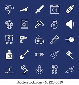 Equipment filled and outline vector icon set on navy background