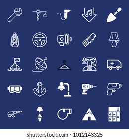Equipment filled and outline vector icon set on navy background