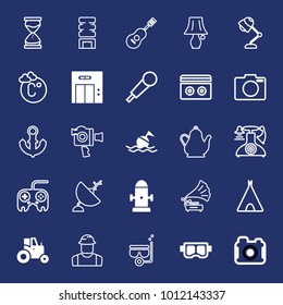 Equipment filled and outline vector icon set on navy background