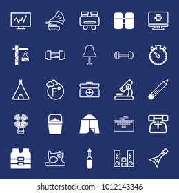 Equipment filled and outline vector icon set on navy background
