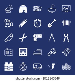 Equipment filled and outline vector icon set on navy background