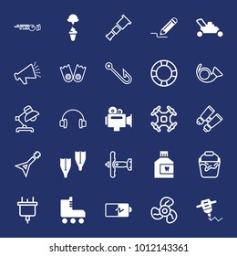 Equipment filled and outline vector icon set on navy background